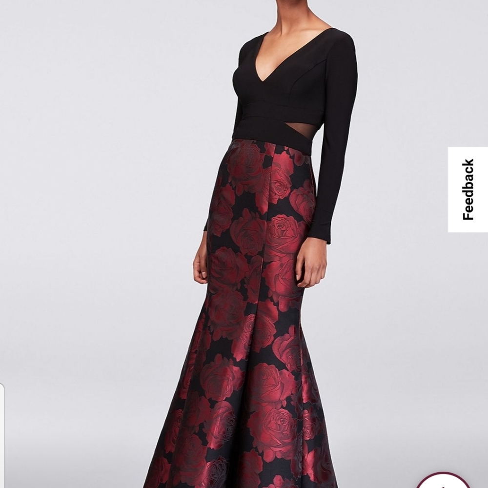 Long sleeve jersey and brocade mermaid gown. Size 10 Color black/wine
